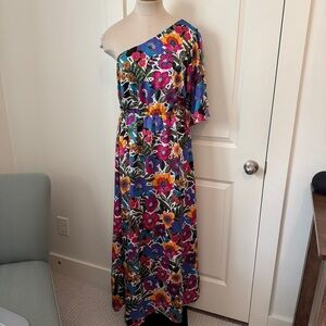 Sugarlips Medium Floral One Shoulder Satin Maxi Dress ~ Party Colorful Feminine